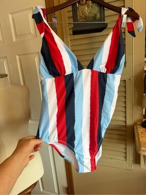 Beautiful Red, Light Blue, Navy & White Striped One-Piece Swimsuit